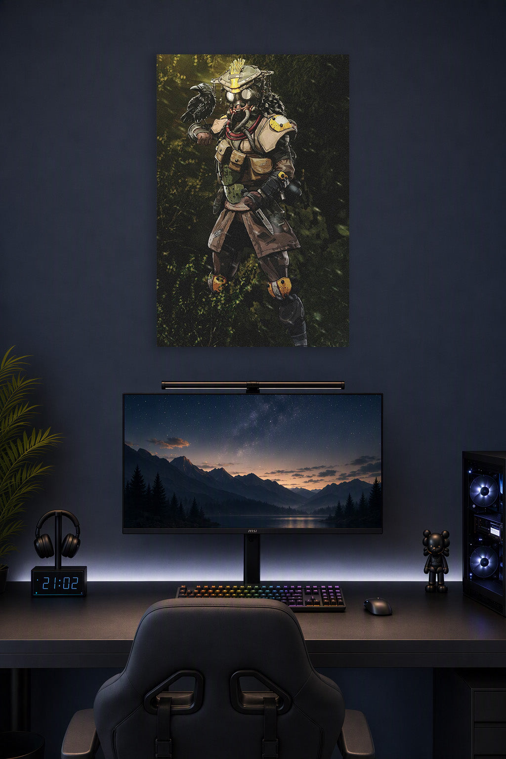 Bloodhound Apex Legends in a gaming desk setup above a monitor.