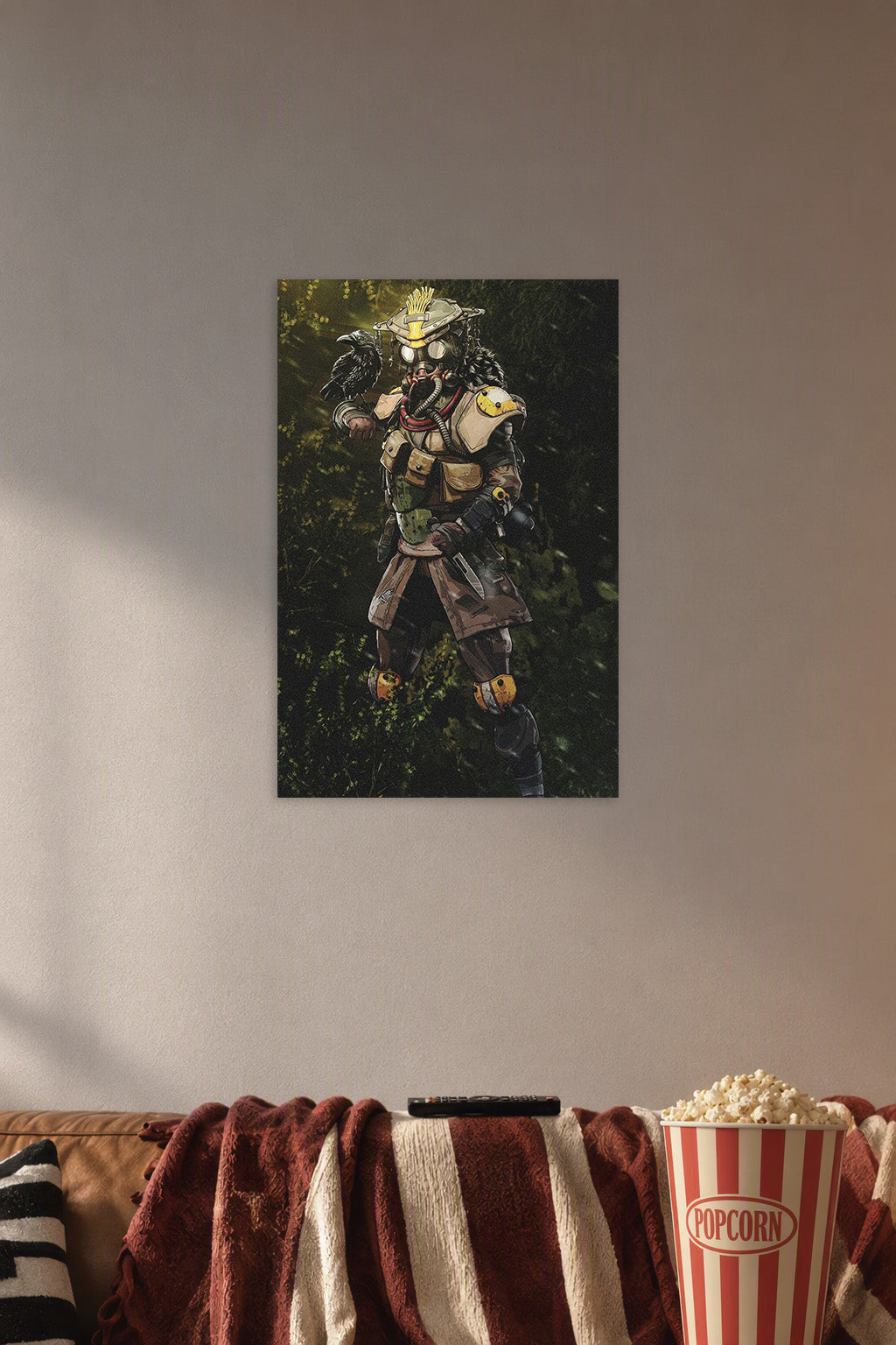 Bloodhound Apex Legends in a cozy movie room above a brown sofa with popcorn.