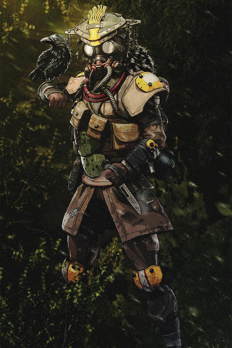 Bloodhound wall art print from Apex Legends depicts the masked tracker in tan tactical armor with a raven in a dark green forest.