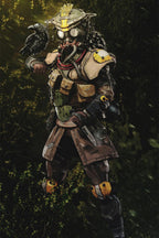Bloodhound wall art print from Apex Legends depicts the masked tracker in tan tactical armor with a raven in a dark green forest.