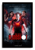 Bloodshot framed wall art print presents Vin Diesel at center with glowing red chest lights, two supporting characters, and dramatic red and blue smoke.
