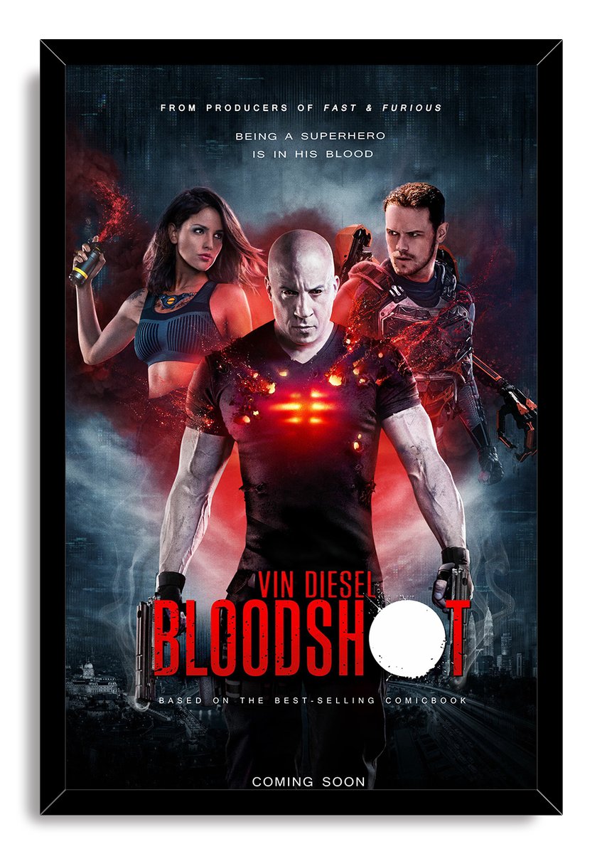 Bloodshot framed wall art print presents Vin Diesel at center with glowing red chest lights, two supporting characters, and dramatic red and blue smoke.