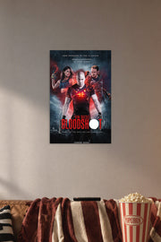 Bloodshot Movie Poster in a cozy movie room above a brown sofa with popcorn.