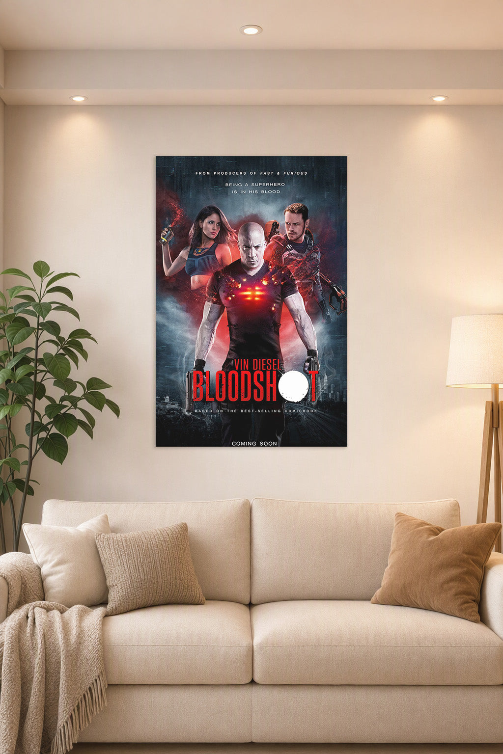 Bloodshot Movie Poster in a bright living room above a beige sofa.
