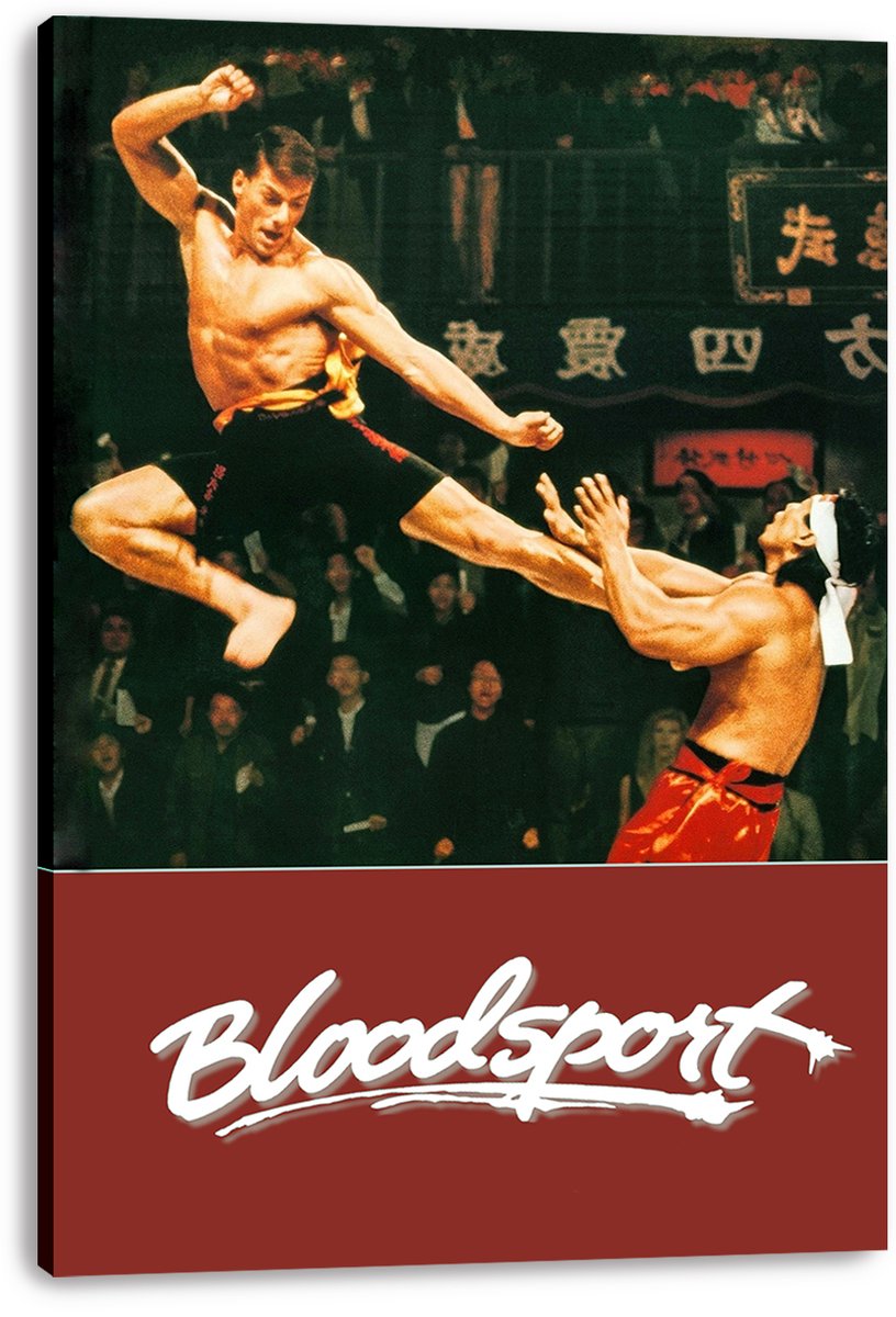 Bloodsport canvas wall art print with a martial artist midair kicking an opponent, above a bold red title panel.