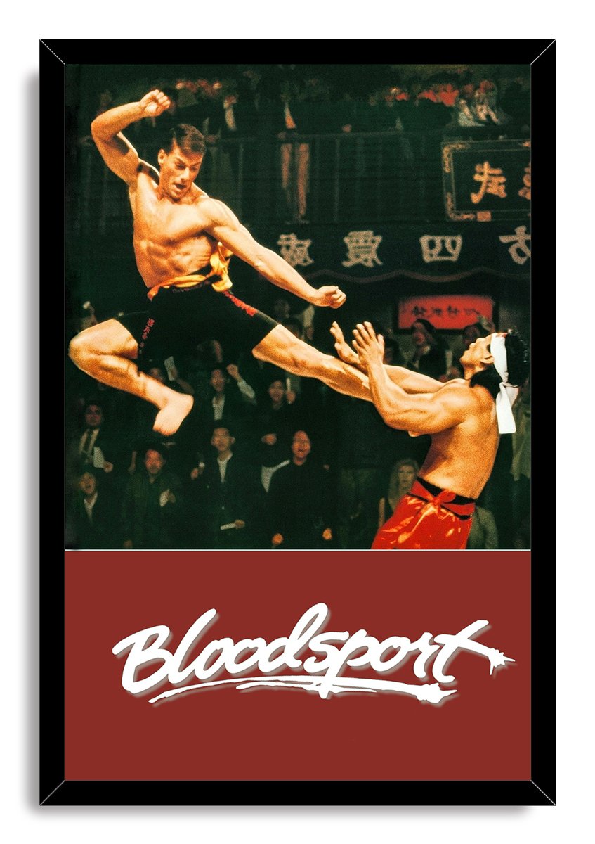 Bloodsport framed wall art print depicting two fighters in a dramatic arena kick scene with the white title on red.