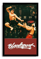 Bloodsport framed wall art print depicting two fighters in a dramatic arena kick scene with the white title on red.