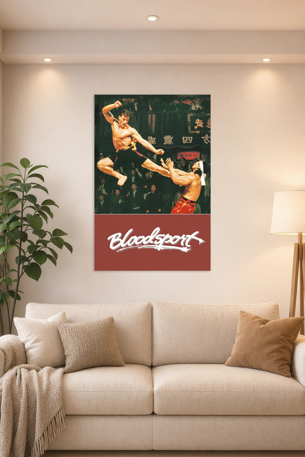 Bloodsport Movie Poster in a bright living room above a beige sofa.