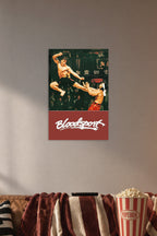 Bloodsport Movie Poster in a cozy movie room above a brown sofa with popcorn.