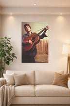 Bob Dylan in a bright living room above a beige sofa.