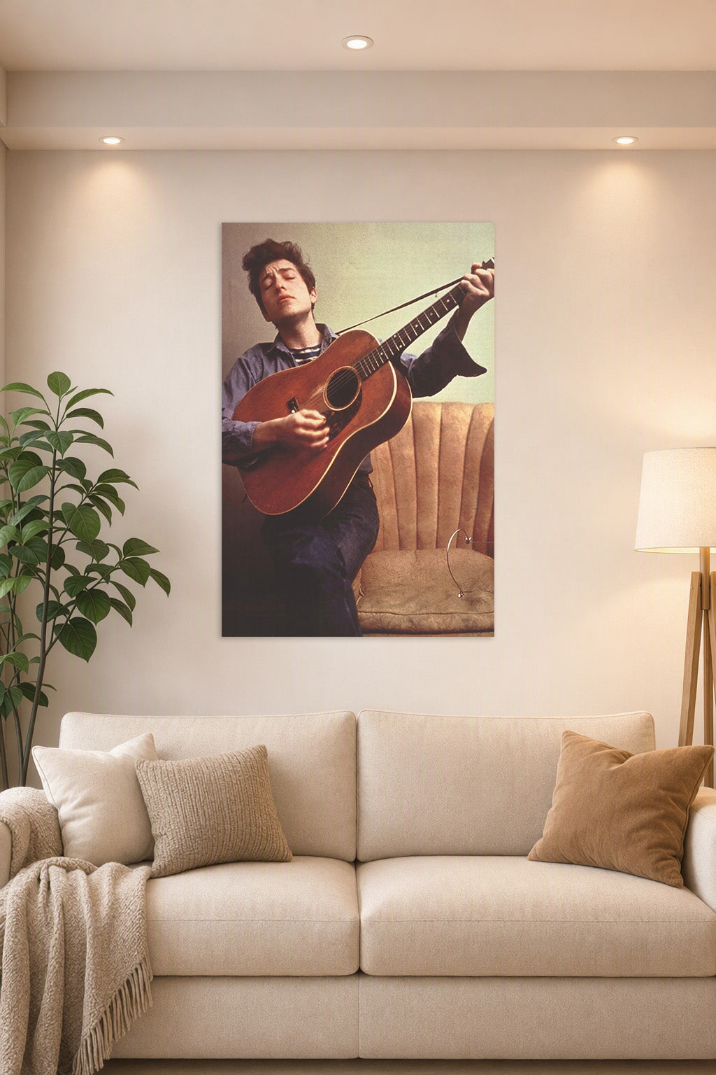 Bob Dylan in a bright living room above a beige sofa.