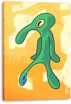 Bold and Brash canvas wall art print with a green one-eyed cartoon figure, orange brushstroke background, and visible wrapped edges.