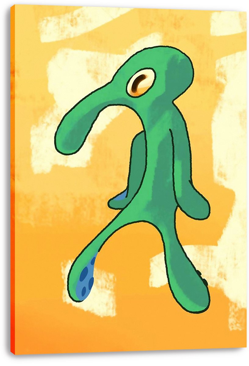 Bold and Brash canvas wall art print with a green one-eyed cartoon figure, orange brushstroke background, and visible wrapped edges.