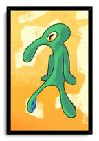 Bold and Brash framed wall art print featuring a green cartoon figure on orange and cream abstraction within a black frame.