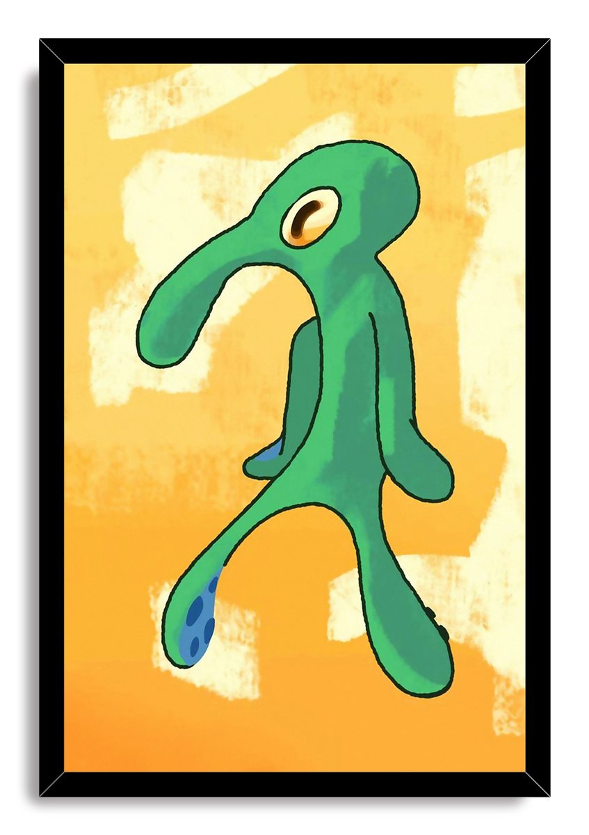 Bold and Brash framed wall art print featuring a green cartoon figure on orange and cream abstraction within a black frame.
