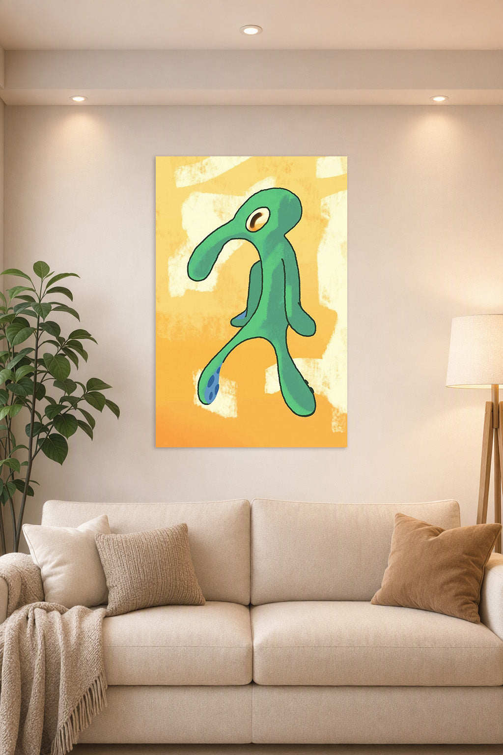 Bold and Brash in a bright living room above a beige sofa.