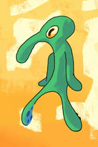 Bold and Brash wall art print featuring a green long-nosed cartoon figure on a textured orange and cream abstract background.