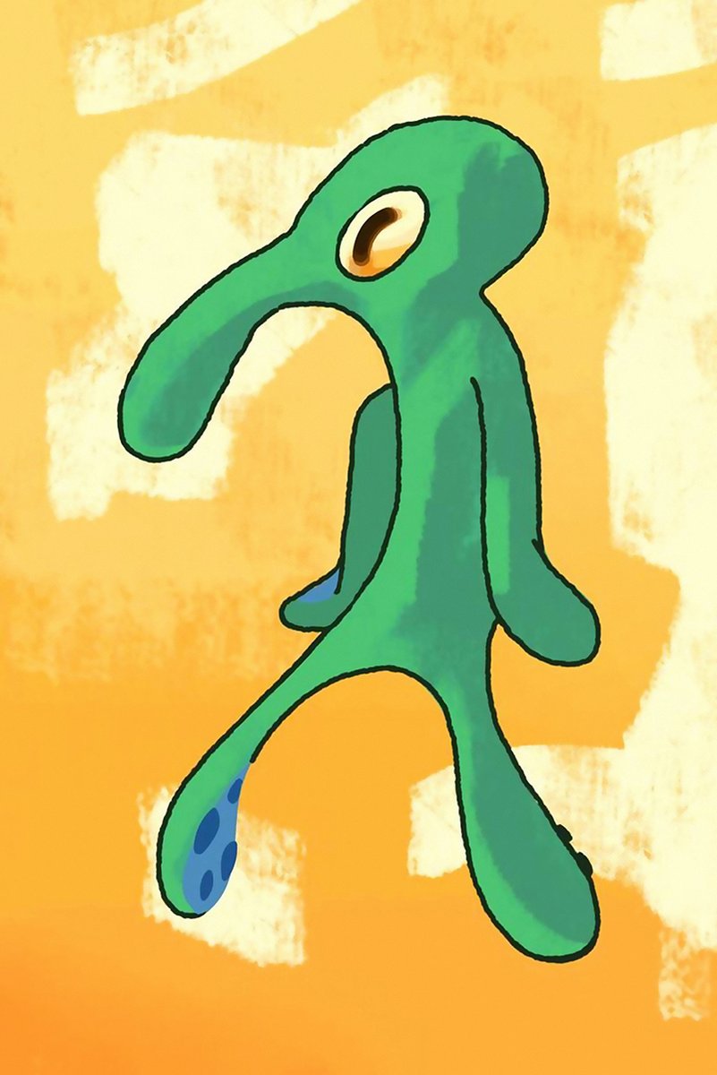 Bold and Brash wall art print featuring a green long-nosed cartoon figure on a textured orange and cream abstract background.