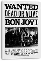Bon Jovi canvas wall art print featuring Wanted Dead or Alive typography above a monochrome photo of five band members.