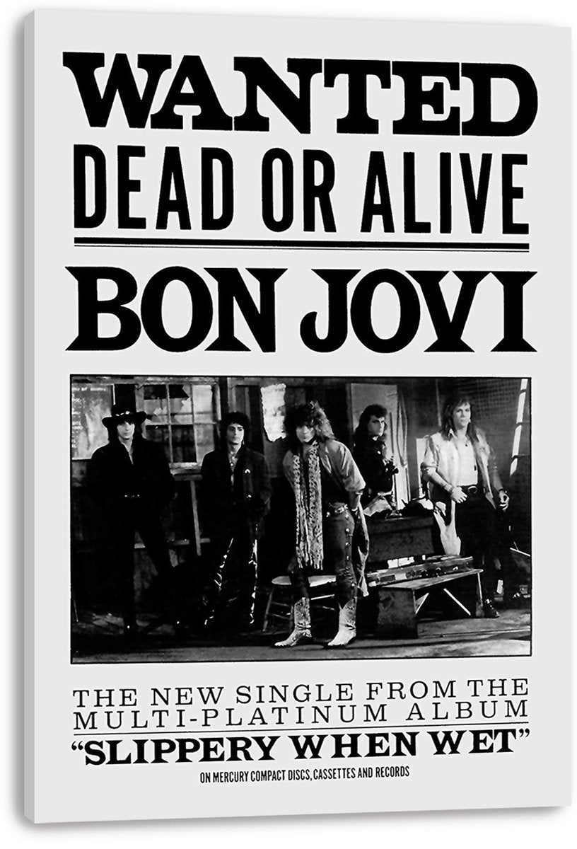 Bon Jovi canvas wall art print featuring Wanted Dead or Alive typography above a monochrome photo of five band members.