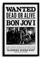 Bon Jovi framed wall art print with black Wanted Dead or Alive text, a five-member band photo, and black frame.