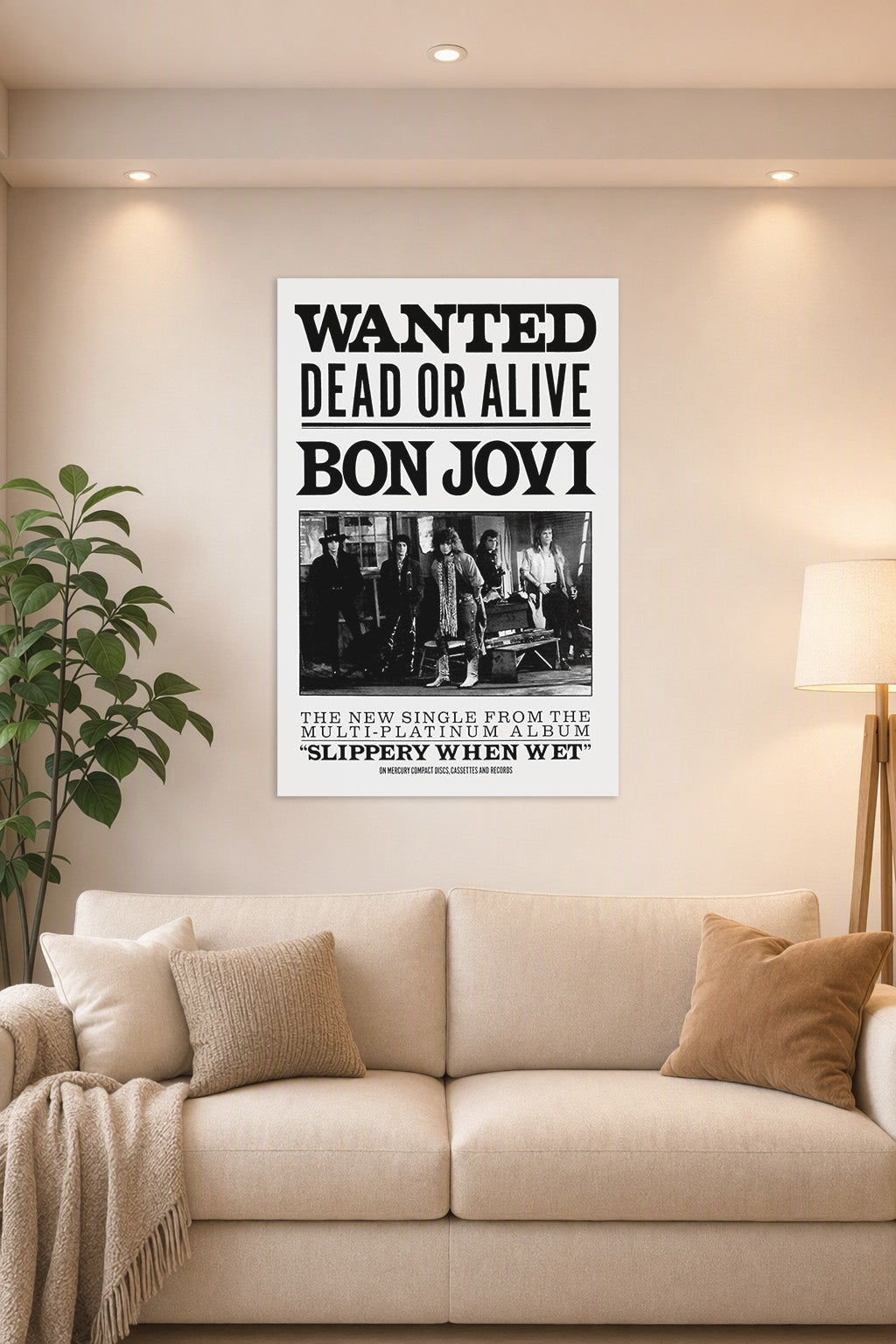 Bon Jovi Band in a bright living room above a beige sofa.