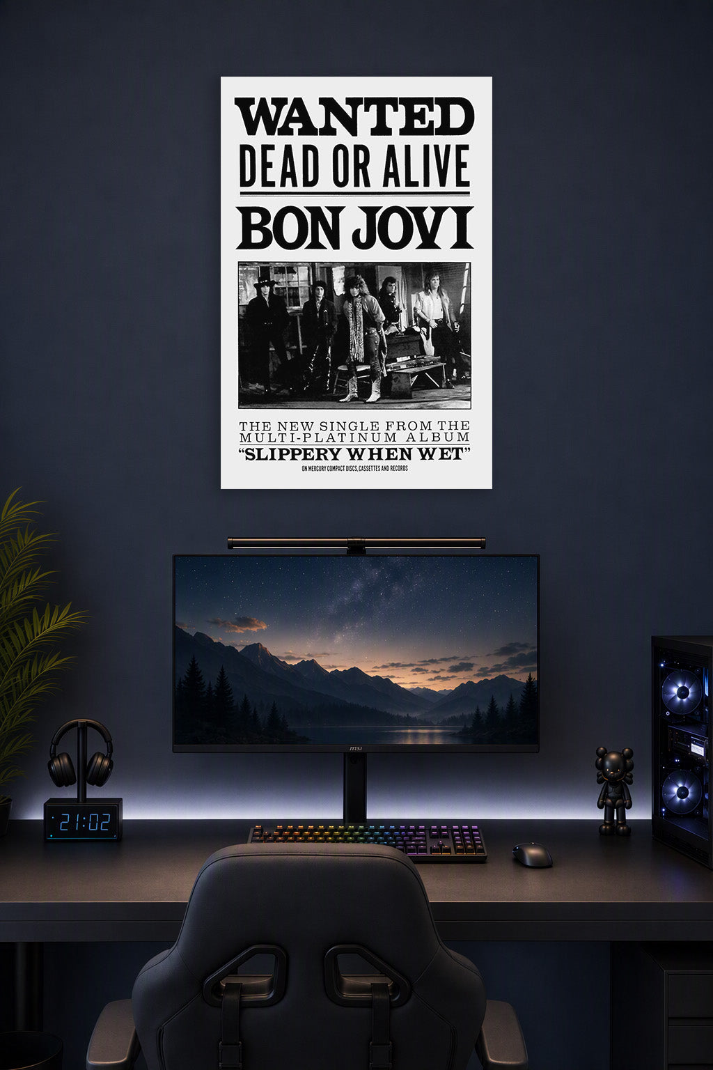 Bon Jovi Band in a gaming desk setup above a monitor.