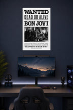 Bon Jovi Band in a gaming desk setup above a monitor.