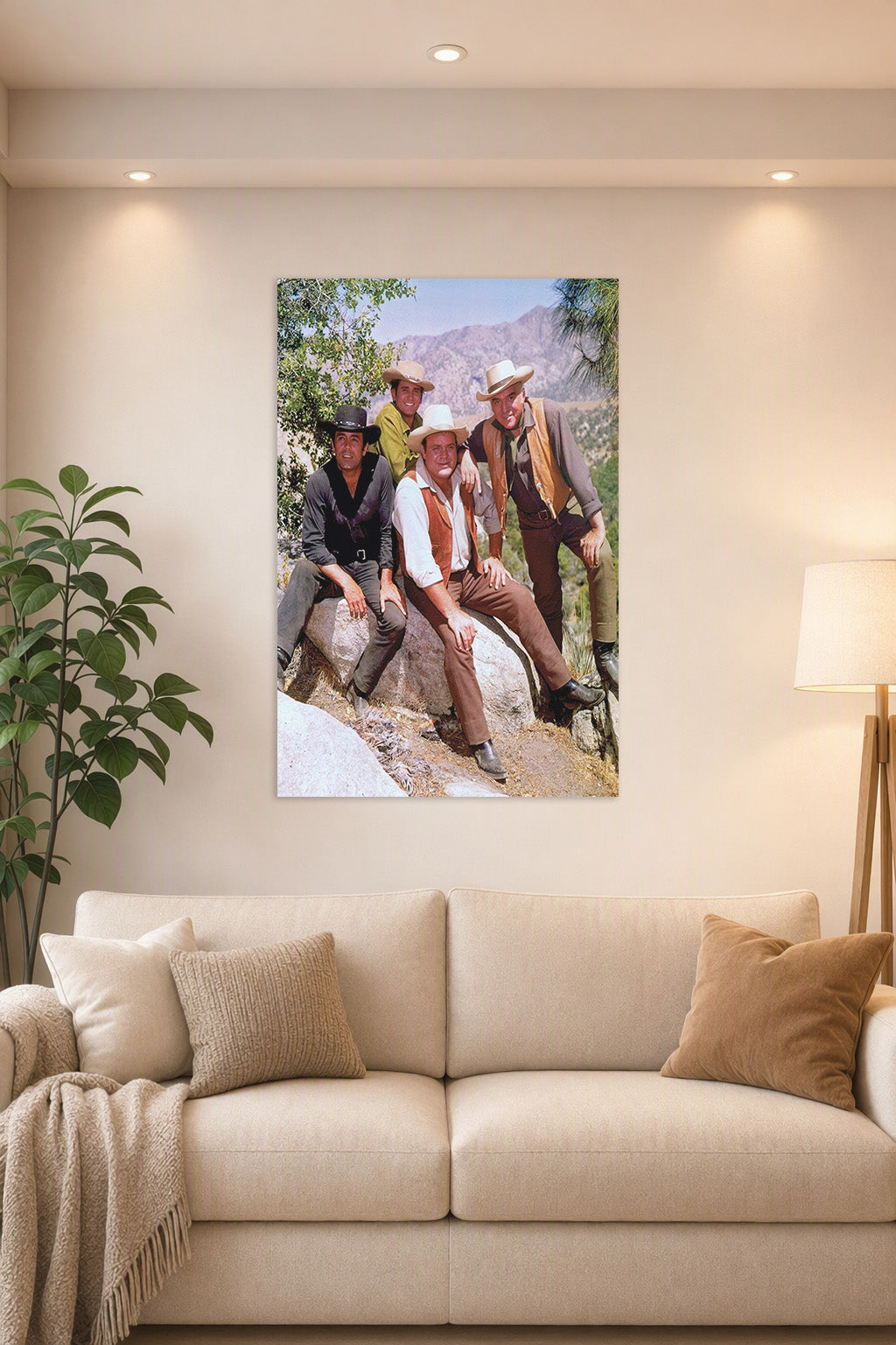 Bonanza TV Show Cast in a bright living room above a beige sofa.
