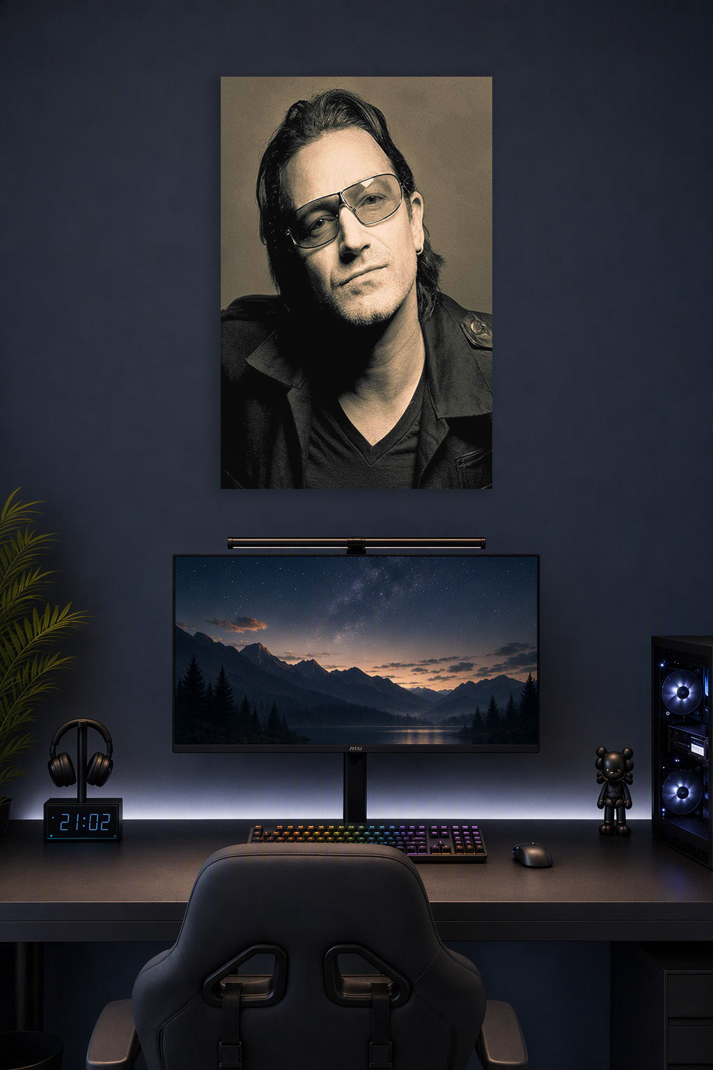 Bono in a gaming desk setup above a monitor.