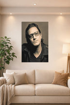 Bono in a bright living room above a beige sofa.