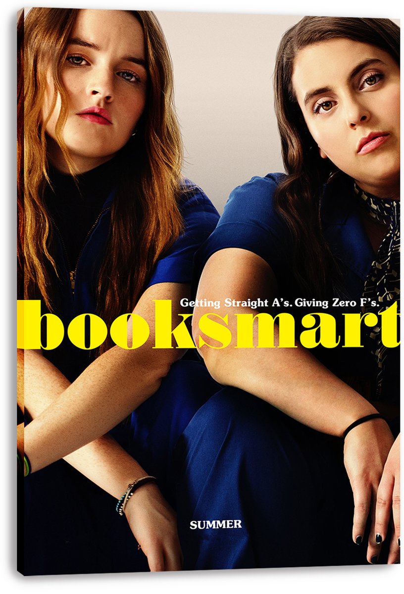 Booksmart wall art print on stretched canvas featuring two seated women in blue and a bold yellow title.