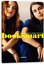 Booksmart wall art print on stretched canvas featuring two seated women in blue and a bold yellow title.