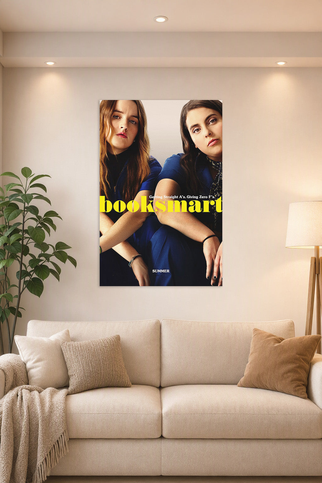 Booksmart Movie in a bright living room above a beige sofa.