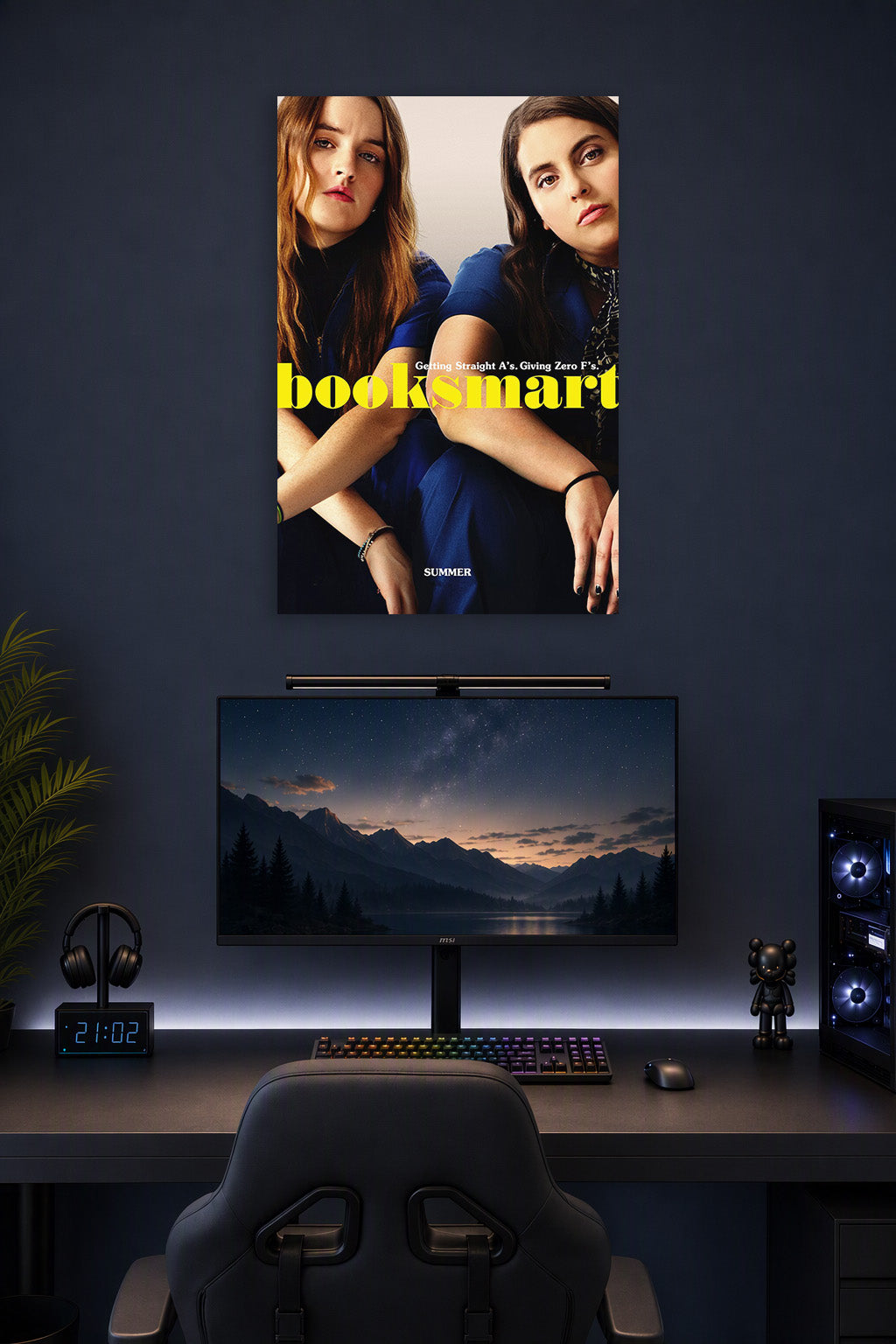 Booksmart Movie in a gaming desk setup above a monitor.