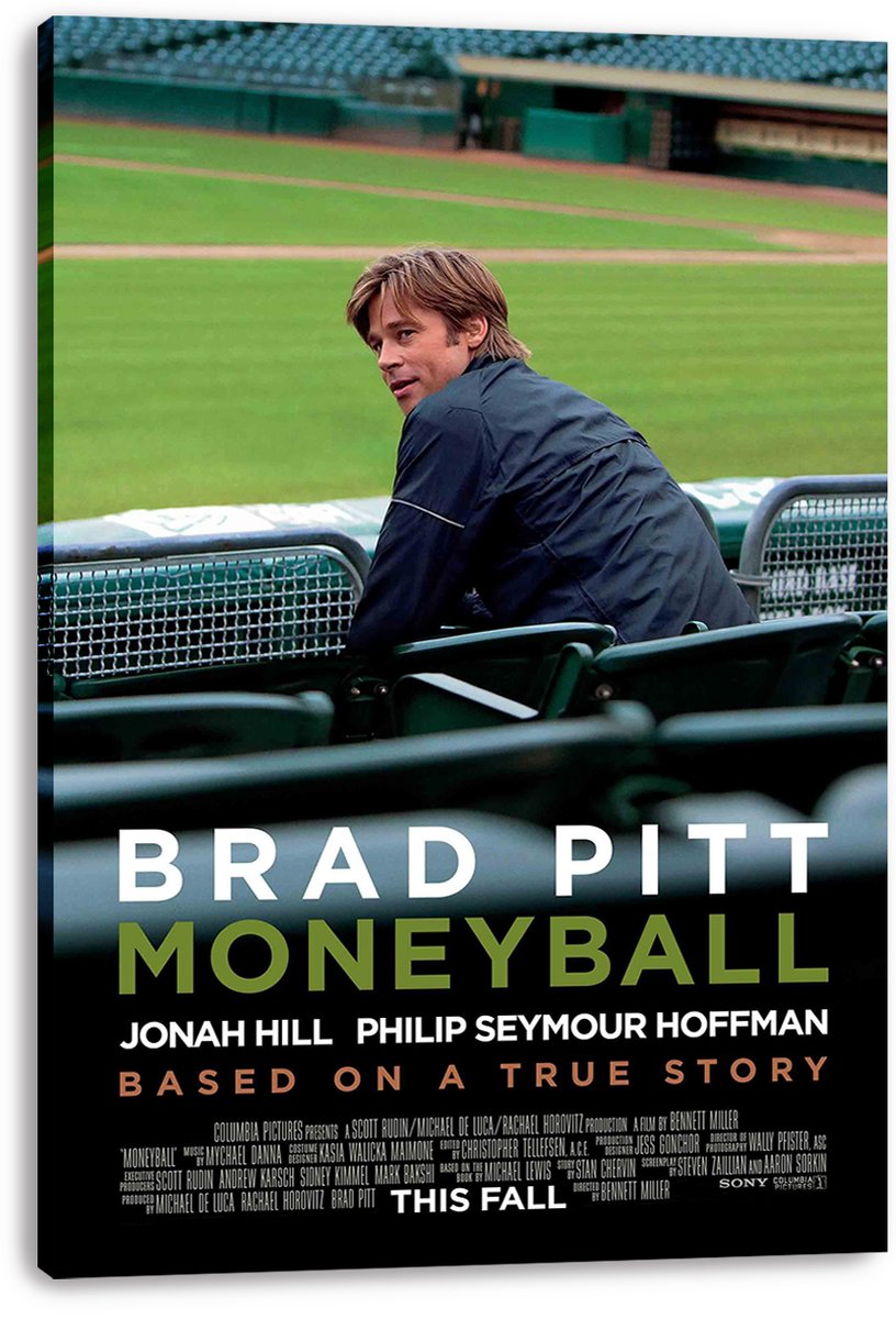 Moneyball canvas wall art print featuring Brad Pitt looking back from stadium seats, with a green ballfield and prominent title lettering.
