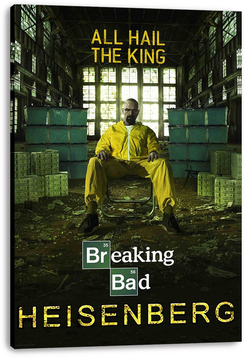 Breaking Bad Heisenberg canvas wall art print depicts Walter White seated in a yellow hazmat suit, framed by cash stacks and barrels.