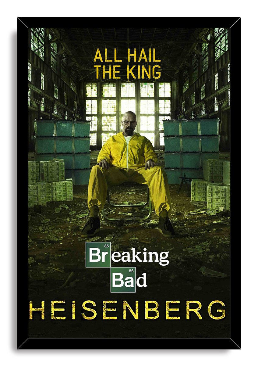 Breaking Bad Heisenberg framed wall art print presents Walter White in yellow beneath “All Hail the King” in a dark industrial hall.