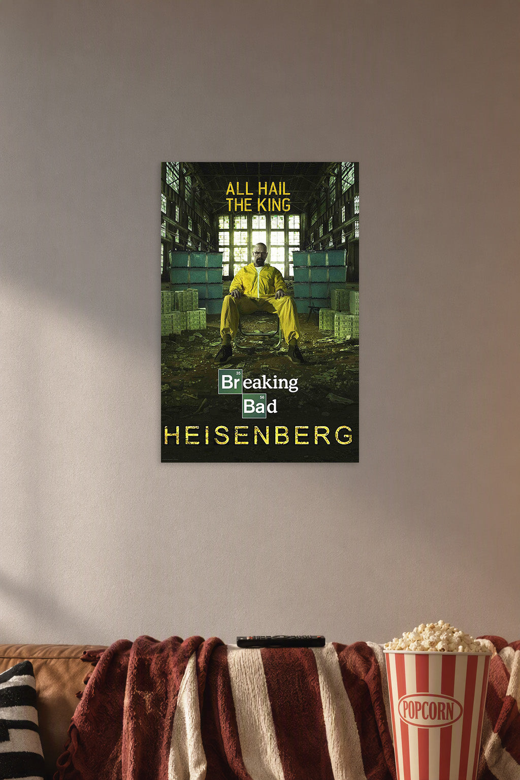 Breaking Bad Heisenberg in a cozy movie room above a brown sofa with popcorn.