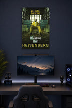 Breaking Bad Heisenberg in a gaming desk setup above a monitor.
