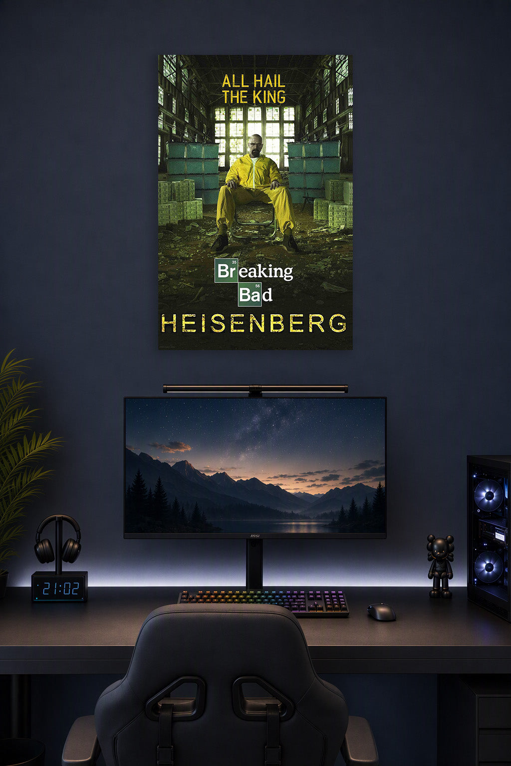 Breaking Bad Heisenberg in a gaming desk setup above a monitor.