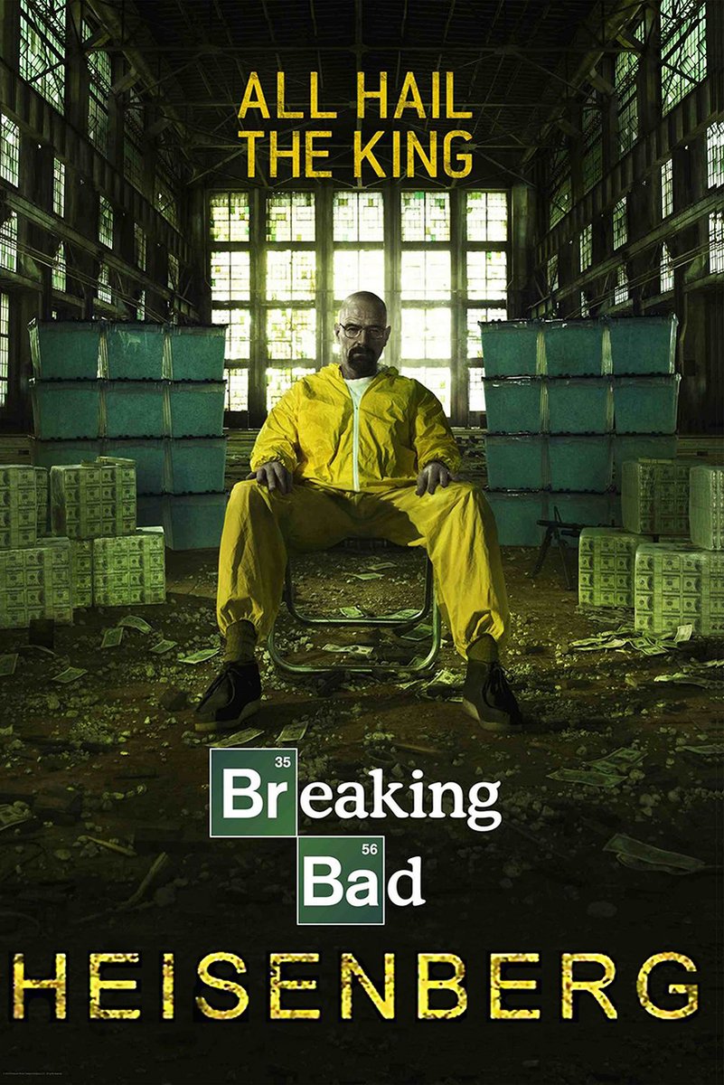 Breaking Bad Heisenberg poster features Walter White in a yellow hazmat suit amid cash and blue barrels in a shadowy warehouse.