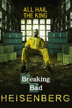 Breaking Bad Heisenberg poster features Walter White in a yellow hazmat suit amid cash and blue barrels in a shadowy warehouse.