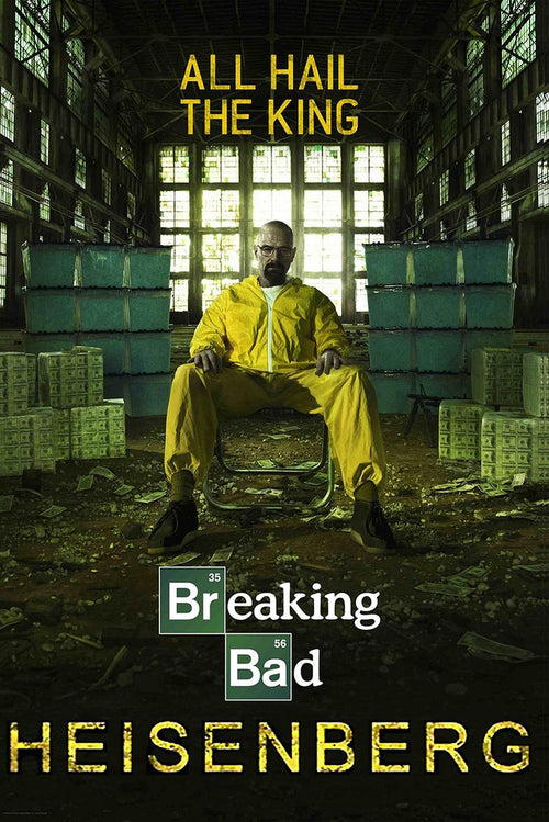 Breaking Bad Heisenberg poster features Walter White in a yellow hazmat suit amid cash and blue barrels in a shadowy warehouse.