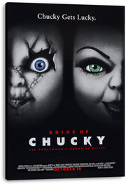 Bride of Chucky canvas wall art print displays split grayscale close-ups of Chucky and Tiffany, with vivid blue and green eyes and bold title lettering.