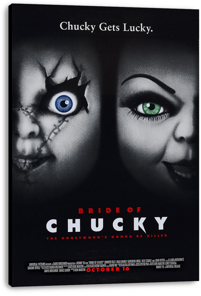 Bride of Chucky canvas wall art print displays split grayscale close-ups of Chucky and Tiffany, with vivid blue and green eyes and bold title lettering.
