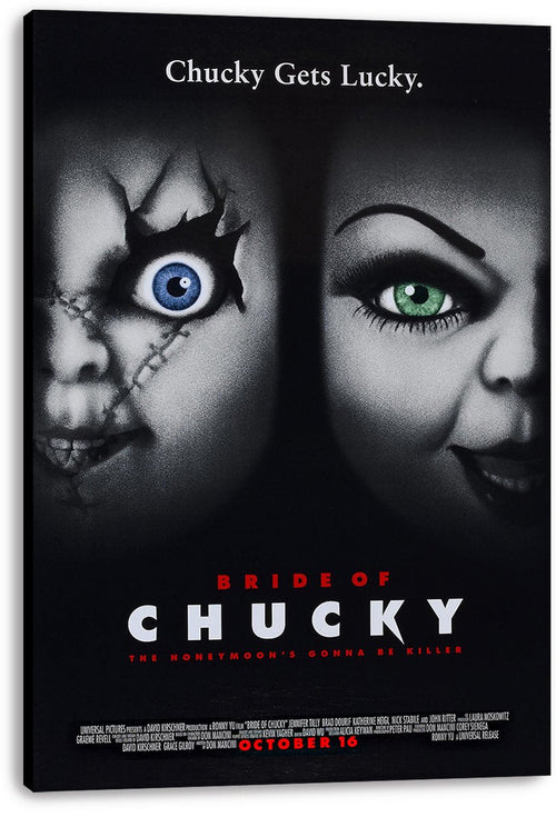 Bride of Chucky canvas wall art print displays split grayscale close-ups of Chucky and Tiffany, with vivid blue and green eyes and bold title lettering.