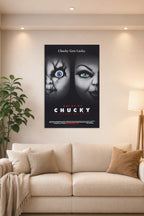Bride of Chucky in a bright living room above a beige sofa.