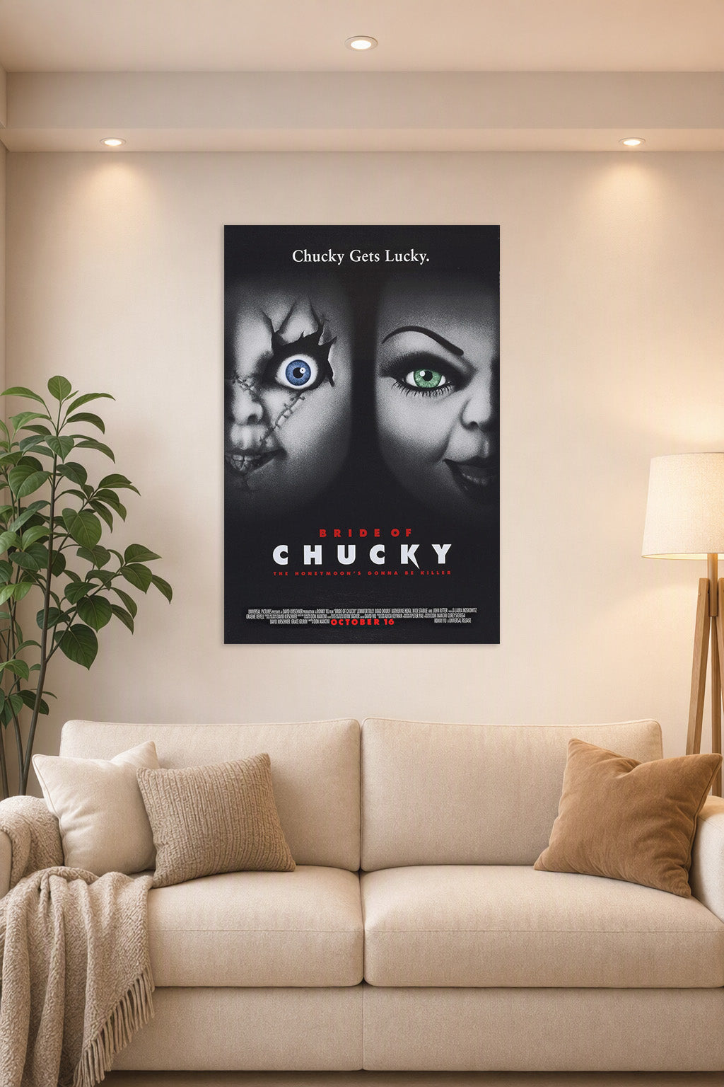 Bride of Chucky in a bright living room above a beige sofa.