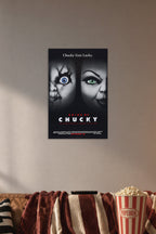 Bride of Chucky in a cozy movie room above a brown sofa with popcorn.
